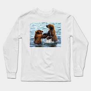 Young Kodiak Brown Bears Play Wrestle In Water Alaska Long Sleeve T-Shirt